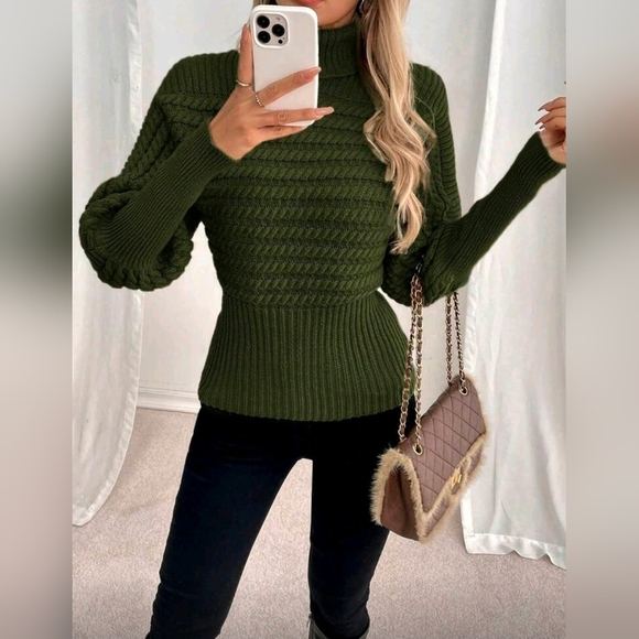 New Glam Cable Knit Turtleneck Sweater Top Leg Of Mutton Olive Green - Picture 2 of 8